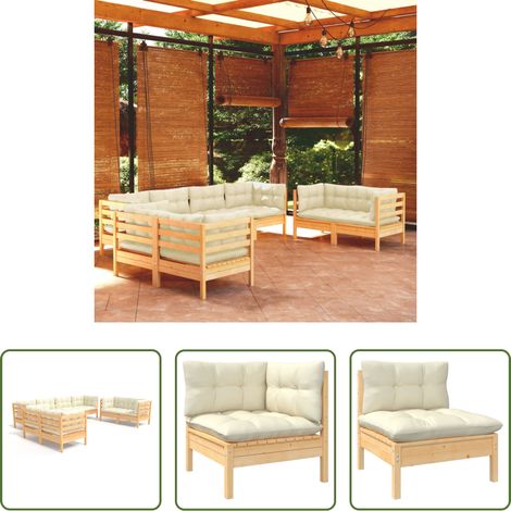 Terrassensofa - 8-tlg. Garten-Lounge-Set mit Creme Kissen Massivholz Kiefer (1/5)
