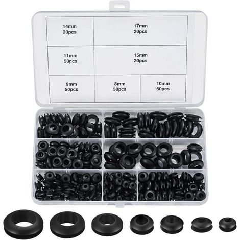 Flexible rubber grommets – Pack of 260 rubber grommets with 7 diameters (Ø6 to Ø25 mm) for cables, plugs and conduits