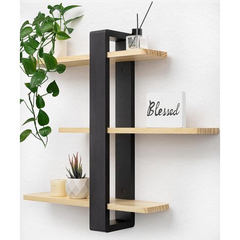 Étagère Murale Réglable 3 Niveaux Noire et Bois, 50 x 58 cm Étagère flottante en bois massif longue, tablettes amovibles, pour plantes et photos, salon, chambre, bureau et salle de bain (1/5)