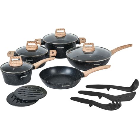 Batterie de Cuisine 14 Pièces Revêtement Granit HGWDMRB14, Noir (1/5)