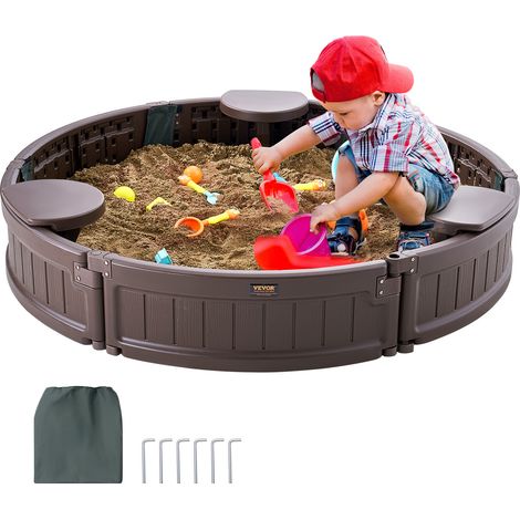 Vevor – Bac à sable rond 120 x 23 cm – PEHD avec 3 sièges d'angle – Doublure perforée pour drainage – Couvercle inclus pour protection