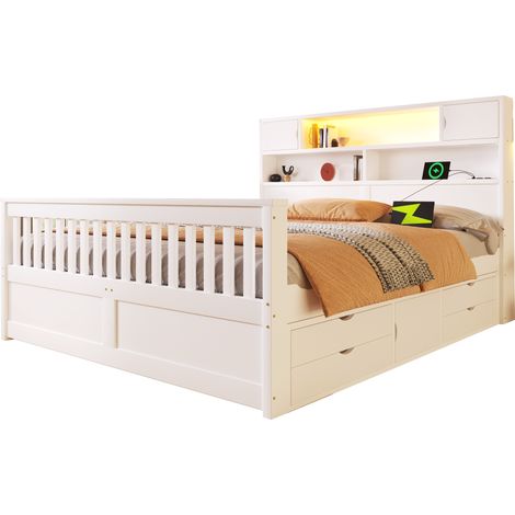 Cadre de lit plateforme 160 x 200 cm avec étagères de rangement et tablettes, éclairage LED, USB et quatre tiroirs, blanc (1/5)