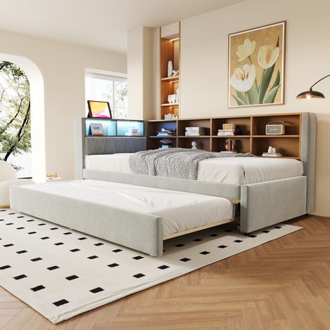 Divano letto estraibile 90x200 cm grigio chiaro in flanella con LED, prese e vani contenitore (1/5)