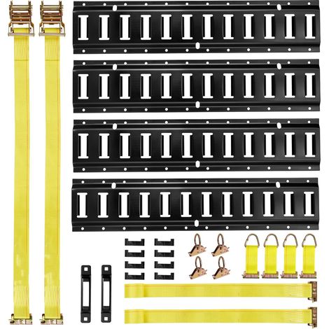Kit rails d'arrimage E-Track 0,6 m (lot de 4) avec 2 sangles à cliquet, 4 anneaux en O, 4 attaches à anneau en D, 2 fentes simples et 8 embouts. Idéal pour garage, van et remorque. (1/5)