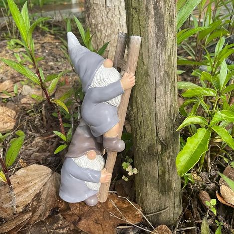 JeiibrZui Nain rigolo avec échelle - Câlin à l'arbre - Sculpture de jardin - Statue en résine - Décoration extérieure pour terrasse et pelouse - Gris (1/4)