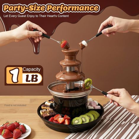 Fontaine à chocolat, 450 g, 230 V, en acier inoxydable, 3 niveaux de cascade, avec plateau alimentaire, tour et fourchettes, pour fêtes de famille, anniversaires (1/5)