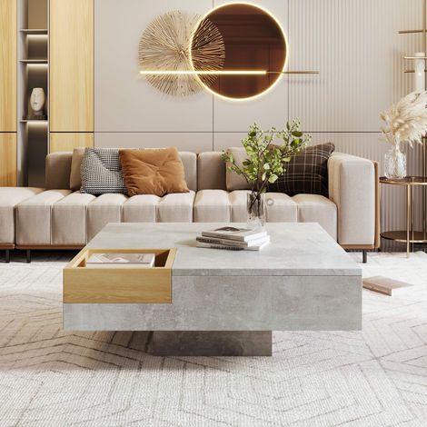 Table basse salon 72x72 cm avec coffre de rangement amovible, effet béton gris et finition bois, meuble moderne pour salon (1/5)