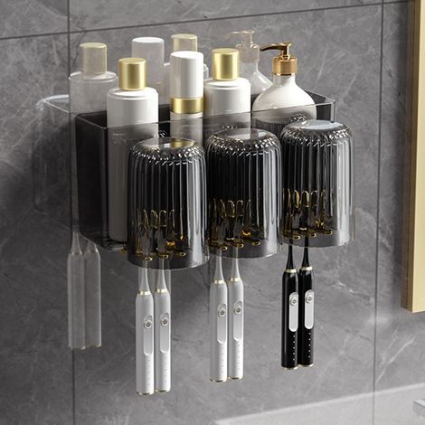 Porte-brosse à dents mural sans perçage pour salle de bain, gobelet de bain de bouche électrique, tasse à dents et ensemble familial de soins dentaires (3 gobelets, noir) (1/5)