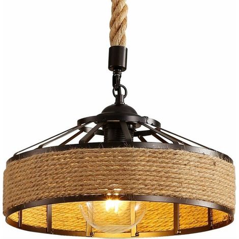 Suspension en Fibre de Chanvre, Lampe Rétro Métal Noir, Plafonnier Style Campagne, Lustre pour Couloir E27, Éclairage 220V, Décoration Naturelle (1/5)