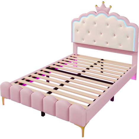 Cama tapizada princesa 140 x 200 cm con somier de láminas, iluminación LED, PU rosa (1/5)