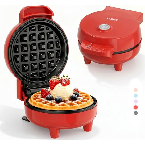YASHE Mini gaufrier ABW59C rouge, 550 W, plaque 10 cm, antiadhésif, voyant, poignée isolante