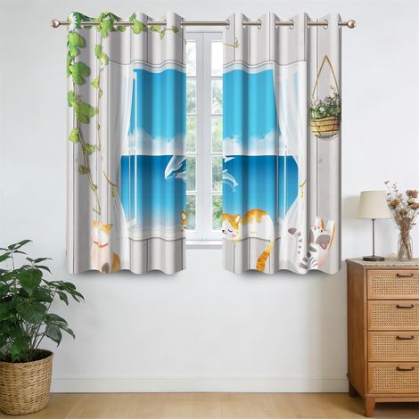 Rideaux occultants 107x160cm Motif Chat de Dessin animé, pour Chambre d'enfant, Style rétro, Effet océan, en Bois, Lot de 2 Panneaux, Isolation Thermique, imprimés, avec œillets - 107L X 160H cm (2 Pa (1/5)