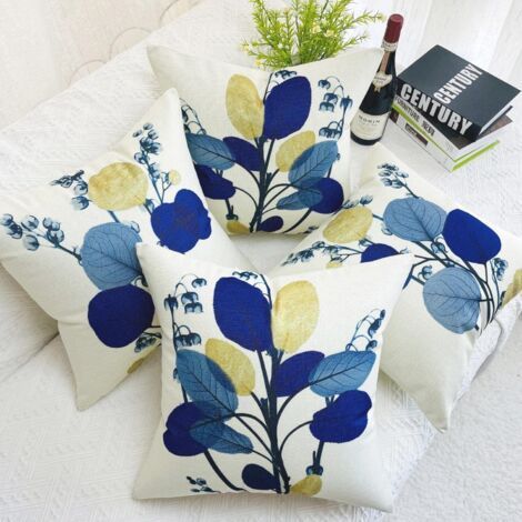 CCYKXA Ensemble de 4 housses de coussin d'extérieur imperméables, motif feuille bleu marine – Décoration artistique pour canapé, salon et jardin – 45 x 45 cm (1/3)