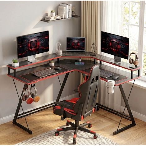 Escritorio de esquina 128 x 128 cm con enchufes, soporte para doble monitor, negro HAVRYA (1/4)
