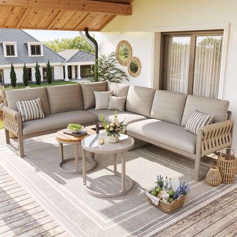 Ensemble de Salon de Jardin Modulable Beige pour 5 à 6 personnes avec Pieds Réglables,2 Tables Rondes et Coussins Déperlants et Amovibles (1/5)