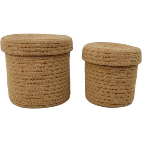 Panier de rangement avec couvercle en corde de coton, petits paniers tressés pour trier, pour salon, chambre d'enfant, salle de bain, bureau, stable et durable, 14,5 cm x 14 cm, kaki (1/5)