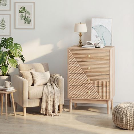Commode à quatre tiroirs, armoire/meuble à tiroirs moderne, meuble de rangement en bois, meuble de rangement pour coiffeuse, convient pour le salon, la chambre, le couloir (couleur chêne) (1/5)