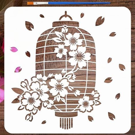 Pochoir Fleur De Cerisier Lanterne Avec Pinceau 30x30cm Pochoir Réutilisable Fleur De Cerisier Orientale Pochoirs Fleurs Tombantes Pour Décoration Murale Maison DIY Artisanat (1/5)