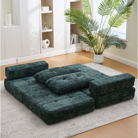 Sofá cama plegable (79x79x57 cm), convertible en cama, con cojines, espuma de alta densidad, chenilla esmeralda (1/5)