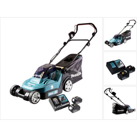 Makita DLM 432 RG2 cortacésped sin cable 36 V ( 2x 18 V ) 43 cm sin cepillo + 2x batería 6,0 Ah + cargador + cargador de batería