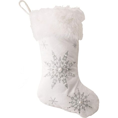 Calcetín Navidad Adorno Árbol Hogar - Estampa Copo Nieve Perlas Imitación - Blanco Dorado - 25 x 27 x 50 cm - 2 Unidades (1/5)