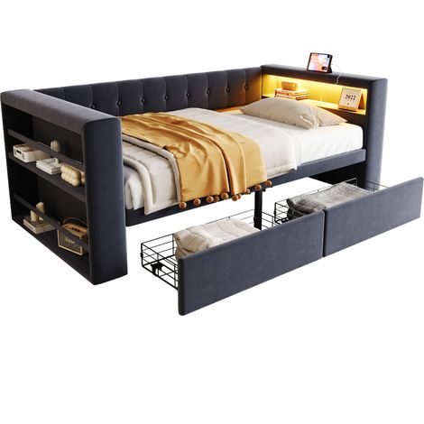 Schlafsofa Flannelette Dunkelgrau 90x190 cm mit LED, Steckdose und Stauraum (1/5)