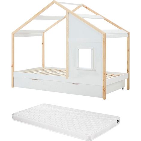 Letto a casetta 90 x 190 cm con cassetto - Pino e MDF - Bianco e naturale + Materasso - RINELYA