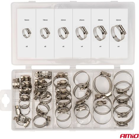 Jeu de 34 colliers de serrage à vis sans fin, en acier inoxydable. amio-04125 (1/5)