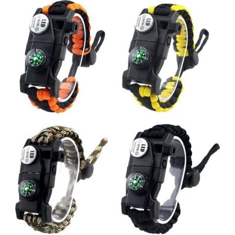 Bracelets de survie (lot de 4), équipement de randonnée, kit de camping sauvage, kit de survie d\'urgence avec allume-feu et trousse de premiers secours (1/5)