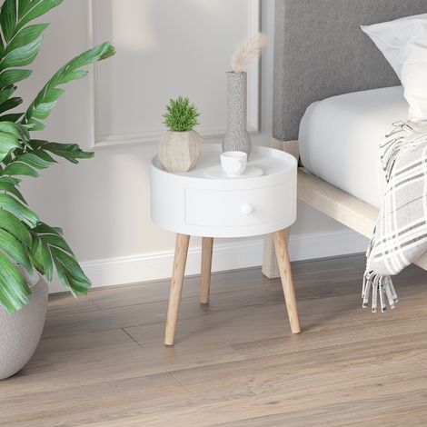 Table basse ronde scandinave, table de chevet et d’appoint, tiroir, pieds effilés, bois massif chêne clair pour salon et chambre blanc