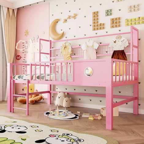 Lit enfant 90x200cm, lit mezzanine bas avec structure métallique et compartiments de rangement, convient aux enfants et adolescents. Rose, garantie 2 ans