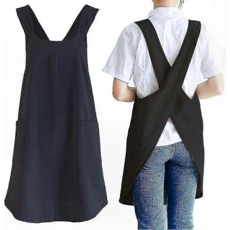 Tablier croisé homme avec poches pour cuisine, pâtisserie, peinture, jardinage et ménage, style lin noir (1/5)
