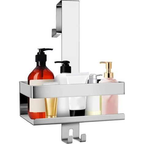 Wall-mounted shower soap holder, adjustable with hooks, no drilling needed, for frameless glass doors, silver finish.