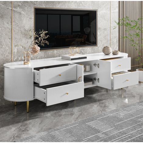 REDOM - Mueble TV - 180x40x38 cm - almacenaje con cajones y doble puerta - pasacables - MDF - blanco