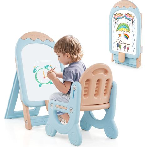 COSTWAY Lavagna Cancellabile con Sedia per Bambini, Set Tavolo e Sedie per Bambini con Scatola Portaoggetti, Piedini Antiscivolo, Cancellino e Pennarelli, Cavalletto per Cameretta (Blu)