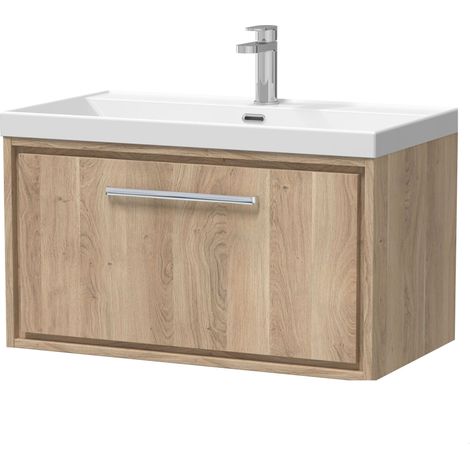 Longnor 1 Drawer Wall Hung Vanity Unit with 1 Tap Hole Thin Edge Basin, Light Oak, 800mm