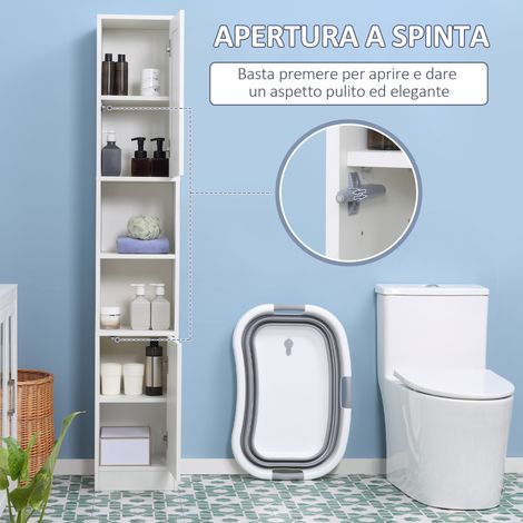 Buffet salle de bain bois blanc miroir, rangement gain de place, ouverture push-lock, 30x28x170 cm, meuble étroit vertical