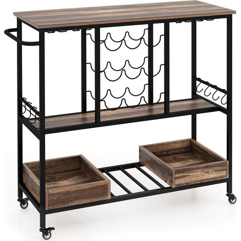 GOPLUS Porte-Bouteille Mobile, 3 Niveaux Industriel avec Supports à Verres, Supports à Vin, Crochets et Plateaux de Rangement, Roues Verrouillables,107,5x40x91,5CM (Gris) (1/5)
