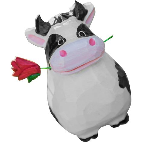 Figurine Vache Bois Sculpté Main avec Rose Décoration Mignonne pour Bureau et Intérieur Ornement Artisanal Miniature Bois Robuste (1/5)