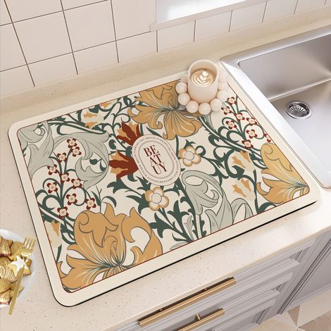 Tapis absorbant antidérapant pour cuisine – Tapis d’égouttement isolant et résistant à la saleté, idéal sous plats ou sur plan de travail (40 x 60 cm, modèle carré vert)-lsw
