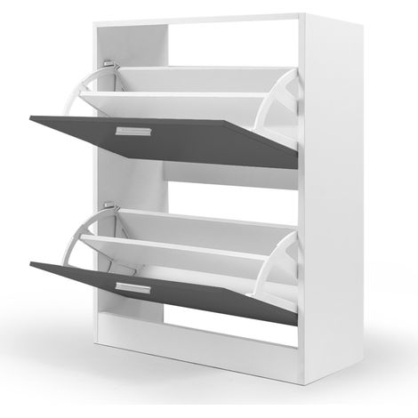 Idmarket – Meuble à chaussures 12 paires blanc – 2 portes grises – Structure en panneaux de particules – Dimensions 63,5x24x80,5 cm