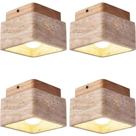 4x Plafonnier Vintage en Carré,Lampe de Plafond Abat-jour en Travertin Jaune Naturel Lustre Retro Bois Brut pour Salon (1/5)