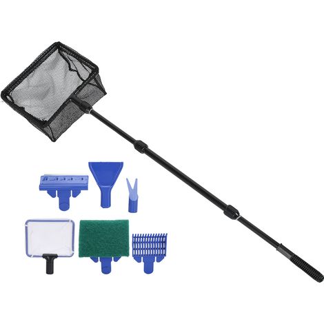 Kit de nettoyage 6 en 1 pour aquarium : épuisette, brosse, grattoir à algues, râteau à gravier et fourche. (1/5)