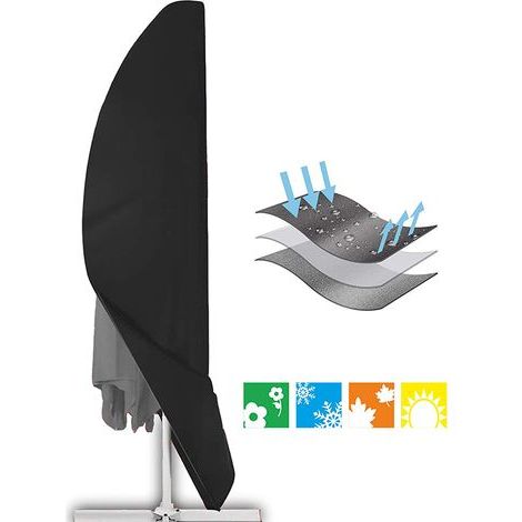 Outdoor parasol cover for cantilever parasol, made of black waterproof fabric.
