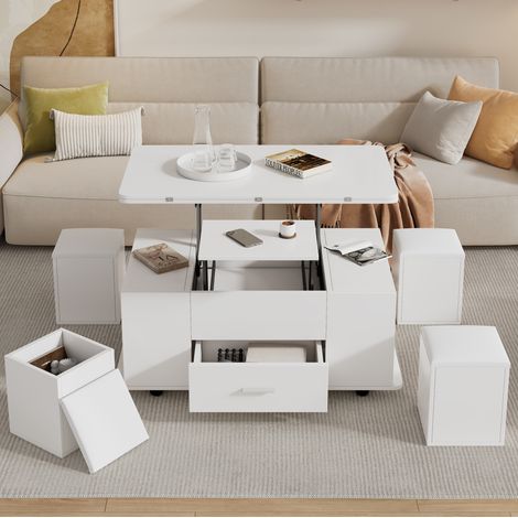 Table basse relevable multifonction 100 x 50 x 45 cm avec 4 tabourets, blanche DESVIAE (1/5)