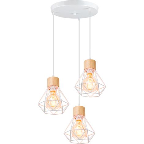 – Lustre suspension cage diamant 3 lumières – Structure en fer et bois blanc – Dimensions abat-jour 15,5 x 18 cm – Douille E27 (1/5)