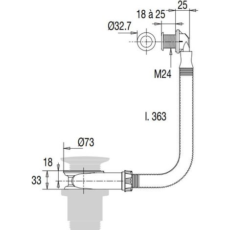 Valentin – Intercalaire de bonde 25 mm – Épaisseur cuve 18 à 25 mm – Longueur tube 330 mm – Pour vidage complet lavabo