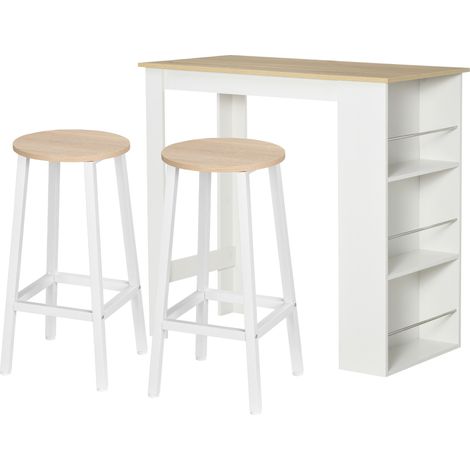 HOMCOM conjunto de mesa de bar con 3 estantes laterales y 2 taburetes de bar con patas de acero para salón comedor cocina 112x57x106 cm 32,5x32,5x65cm (1/5)