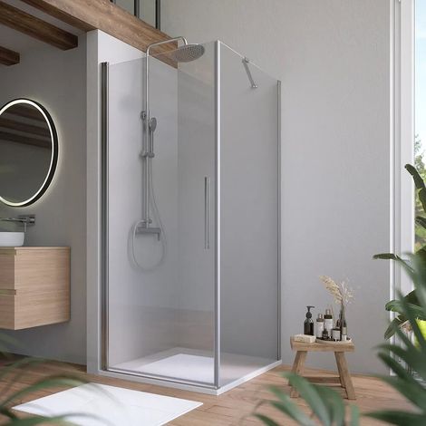 Cabine de douche 65 x 90 cm avec ouverture battante et paroi fixe profilés chromés et verre transparent de 6 mm h 195 Elba (1/4)