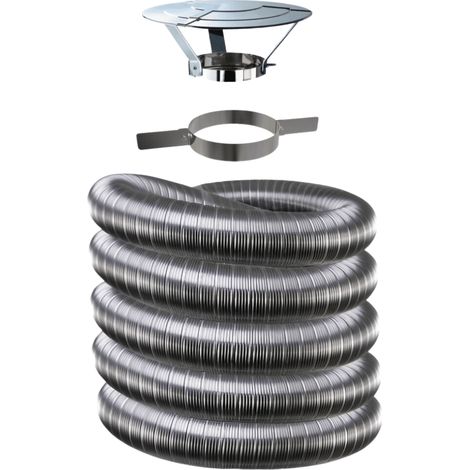 Edilinox – Kit complet de fumisterie tubage flexible double peau inox 80mm – Longueur 10 mètres – Inclus collier et chapeau réglable D80